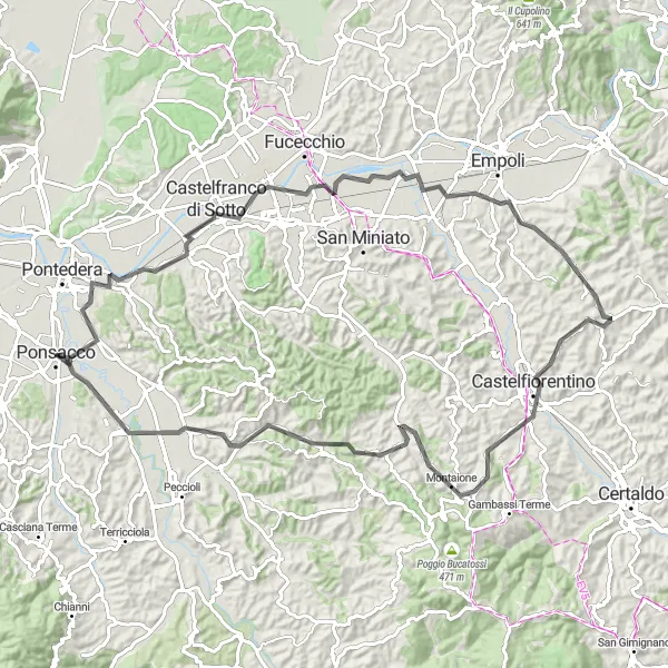 Map miniature of "Tuscan Adventure: Ponsacco to Capannoli" cycling inspiration in Toscana, Italy. Generated by Tarmacs.app cycling route planner