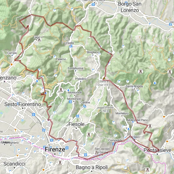 Miniatuurkaart van de fietsinspiratie "Gravelroute rond Pontassieve" in Toscana, Italy. Gemaakt door de Tarmacs.app fietsrouteplanner