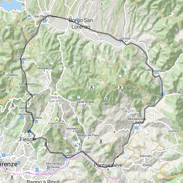 Miniatura della mappa di ispirazione al ciclismo "Tour delle foothills" nella regione di Toscana, Italy. Generata da Tarmacs.app, pianificatore di rotte ciclistiche