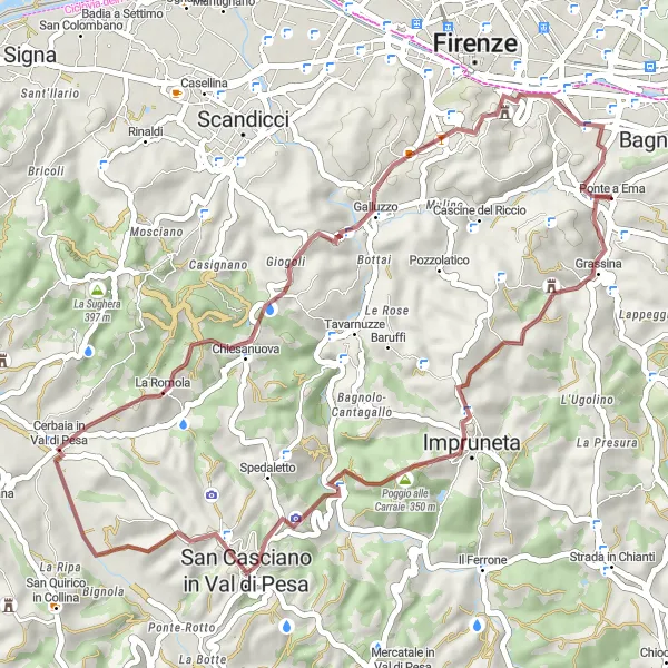 Map miniature of "Exploring Gravel Paths from Ponte a Ema to Belvedere Franco Zeffirelli" cycling inspiration in Toscana, Italy. Generated by Tarmacs.app cycling route planner