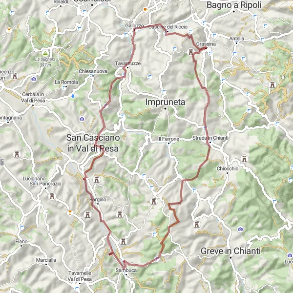 Mapa miniatúra "Gravelová cyklotúra Ponte a Ema - San Casciano in Val di Pesa" cyklistická inšpirácia v Toscana, Italy. Vygenerované cyklistickým plánovačom trás Tarmacs.app