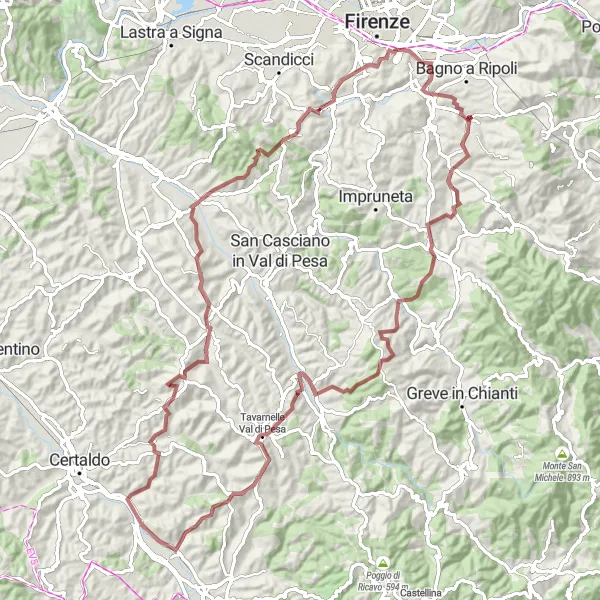 Miniatua del mapa de inspiración ciclista "Ruta de Grava a Barberino Val d'Elsa" en Toscana, Italy. Generado por Tarmacs.app planificador de rutas ciclistas