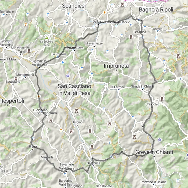 Kartminiatyr av "Landevei rute til Greve in Chianti" sykkelinspirasjon i Toscana, Italy. Generert av Tarmacs.app sykkelrutoplanlegger