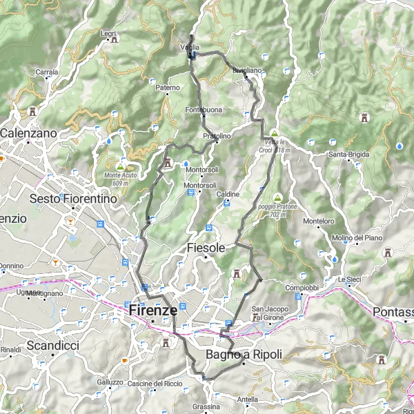 Zemljevid v pomanjšavi "Kolesarska pot okoli Ponte a Ema" kolesarske inspiracije v Toscana, Italy. Generirano z načrtovalcem kolesarskih poti Tarmacs.app