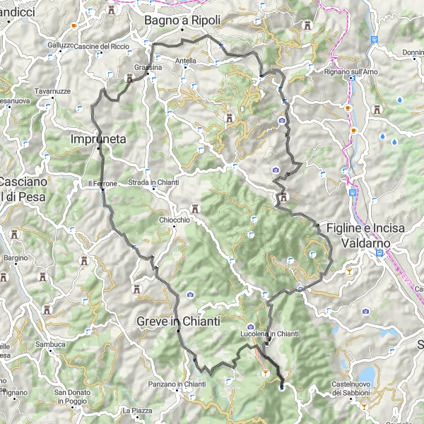 Miniaturní mapa "Cyklotrasa kolem Ponte a Ema" inspirace pro cyklisty v oblasti Toscana, Italy. Vytvořeno pomocí plánovače tras Tarmacs.app