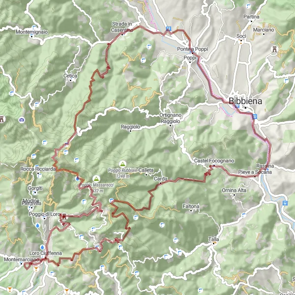 Miniatuurkaart van de fietsinspiratie "Gravelroute van Ponte a Poppi naar Prato di Strada" in Toscana, Italy. Gemaakt door de Tarmacs.app fietsrouteplanner