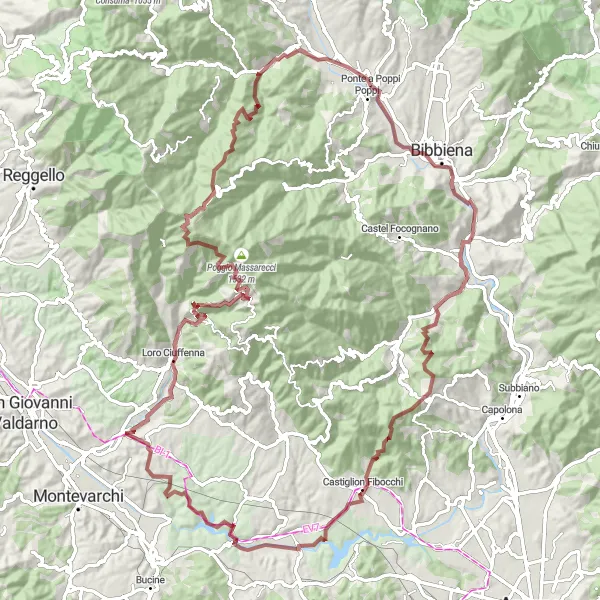 Miniatura della mappa di ispirazione al ciclismo "Avventura in mountain bike a Ponte a Poppi" nella regione di Toscana, Italy. Generata da Tarmacs.app, pianificatore di rotte ciclistiche