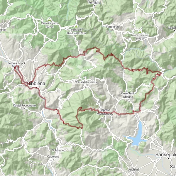Karttaminiaatyyri "Polkuja ja metsäteitä Ponte a Popin lähellä" pyöräilyinspiraatiosta alueella Toscana, Italy. Luotu Tarmacs.app pyöräilyreittisuunnittelijalla