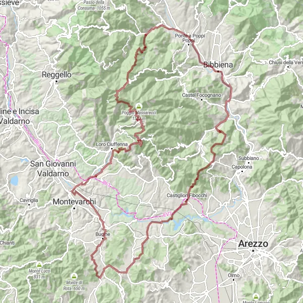 Miniaturní mapa "Gravel okruh kolem Ponte a Poppi" inspirace pro cyklisty v oblasti Toscana, Italy. Vytvořeno pomocí plánovače tras Tarmacs.app