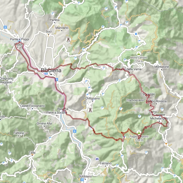 Miniatuurkaart van de fietsinspiratie "Gravelroute van Ponte a Poppi naar Buiano" in Toscana, Italy. Gemaakt door de Tarmacs.app fietsrouteplanner