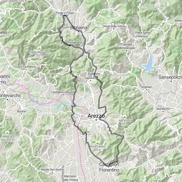 Miniatuurkaart van de fietsinspiratie "Uitdagende route rond Ponte a Poppi" in Toscana, Italy. Gemaakt door de Tarmacs.app fietsrouteplanner