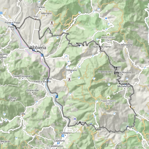 Miniature de la carte de l'inspiration cycliste "Parcours à vélo de route de Ponte a Poppi" dans la Toscana, Italy. Générée par le planificateur d'itinéraire cycliste Tarmacs.app