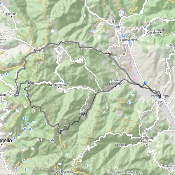 Miniatura della mappa di ispirazione al ciclismo "Tra borghi e natura: da Ponte a Poppi" nella regione di Toscana, Italy. Generata da Tarmacs.app, pianificatore di rotte ciclistiche