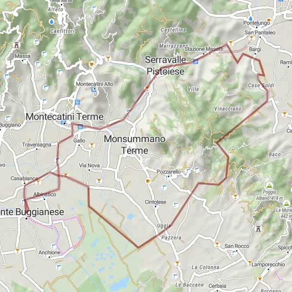 Mapa miniatúra "Gravel Tour around Ponte Buggianese" cyklistická inšpirácia v Toscana, Italy. Vygenerované cyklistickým plánovačom trás Tarmacs.app