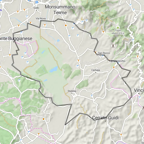 Miniatuurkaart van de fietsinspiratie "Tocht door Monsummano Terme, Lamporecchio en Cerreto Guidi" in Toscana, Italy. Gemaakt door de Tarmacs.app fietsrouteplanner