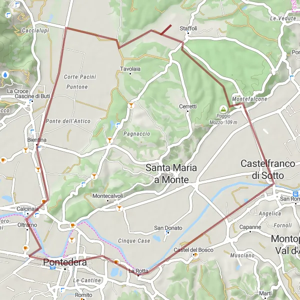 Kartminiatyr av "Grusvägscykling runt Pontedera" cykelinspiration i Toscana, Italy. Genererad av Tarmacs.app cykelruttplanerare