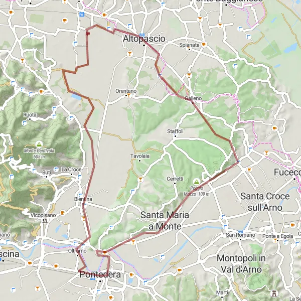 Mapa miniatúra "Gravel v okolí Pontedera" cyklistická inšpirácia v Toscana, Italy. Vygenerované cyklistickým plánovačom trás Tarmacs.app