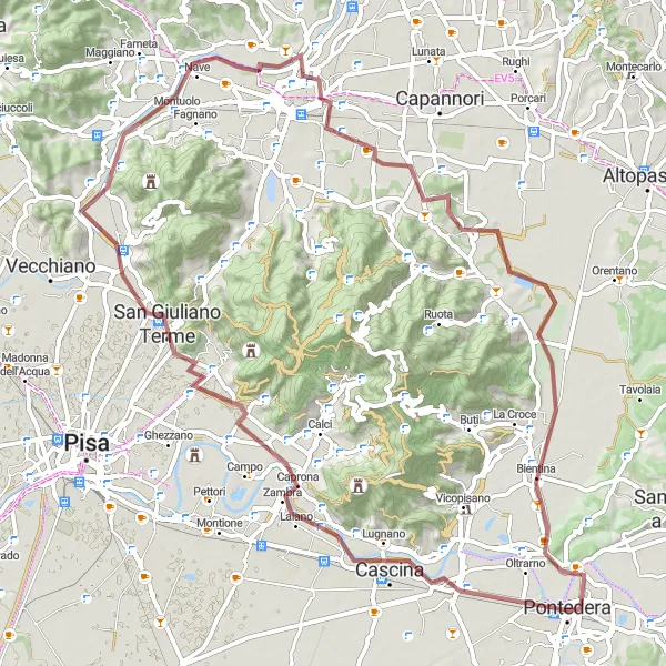 Miniaturní mapa "Okruh Pontedera - Cascina - Monte Castellare - San Giuliano Terme - Lucca - Torre Guinigi - Bientina - Pontedera" inspirace pro cyklisty v oblasti Toscana, Italy. Vytvořeno pomocí plánovače tras Tarmacs.app