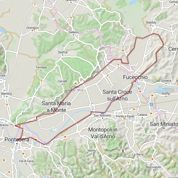 Miniatura della mappa di ispirazione al ciclismo "Giro in bicicletta Pontedera - Santa Maria a Monte - Poggio Mozzo - Cavallaia - Castelfranco di Sotto - Pontedera" nella regione di Toscana, Italy. Generata da Tarmacs.app, pianificatore di rotte ciclistiche