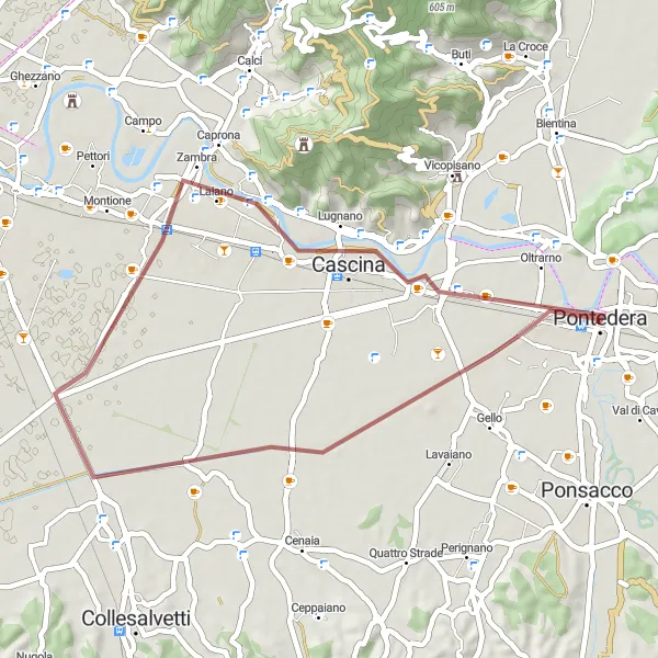 Map miniature of "Gravel Adventure through Curigliana, Arnaccio, Cascina, and Pontedera" cycling inspiration in Toscana, Italy. Generated by Tarmacs.app cycling route planner