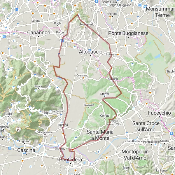 Miniaturní mapa "Okruh Pontedera - Calcinaia - Cascine di Buti - Porcari - Torretta di Porcari - Marginone - Galleno - Poggio Mozzo - Pontedera" inspirace pro cyklisty v oblasti Toscana, Italy. Vytvořeno pomocí plánovače tras Tarmacs.app