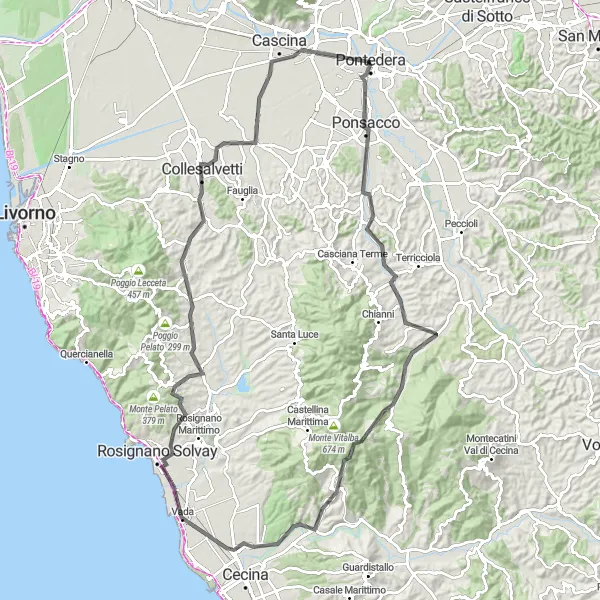 Miniature de la carte de l'inspiration cycliste "Boucle panoramique depuis Pontedera" dans la Toscana, Italy. Générée par le planificateur d'itinéraire cycliste Tarmacs.app