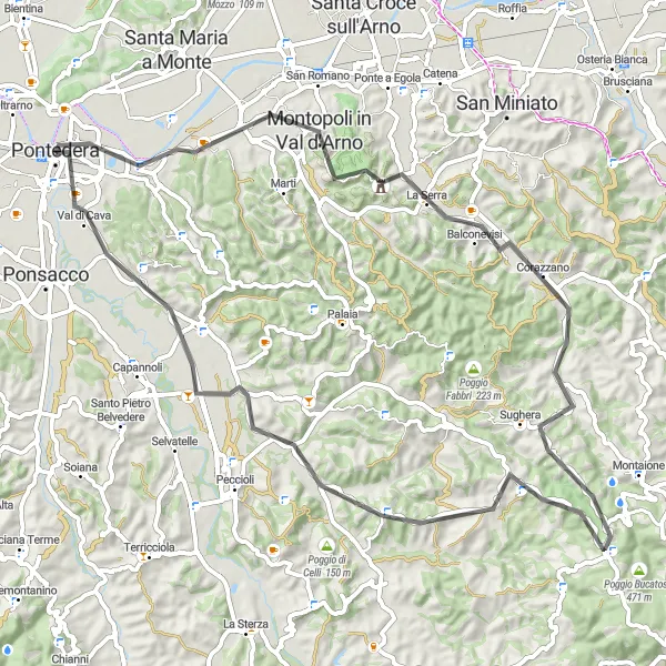 Miniatua del mapa de inspiración ciclista "Ruta de ciclismo de carretera Pontedera - Montopoli in Val d'Arno - Campanile di San Pietro - Balconevisi - Poggio della Madonna - Castelfalfi - Pontedera" en Toscana, Italy. Generado por Tarmacs.app planificador de rutas ciclistas