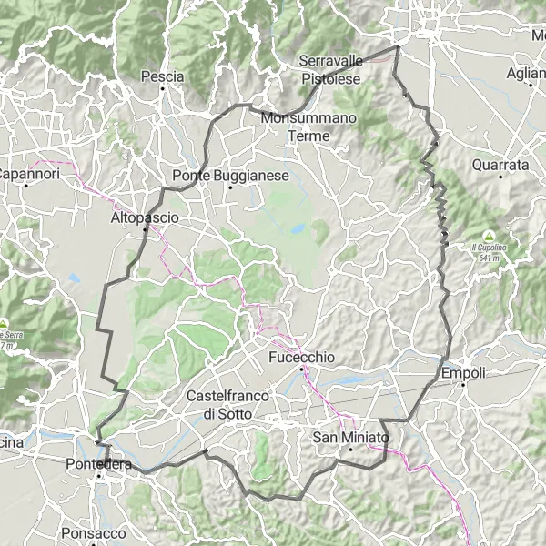 Kartminiatyr av "Toskansk landeveissykling: Pontedera Loop" sykkelinspirasjon i Toscana, Italy. Generert av Tarmacs.app sykkelrutoplanlegger