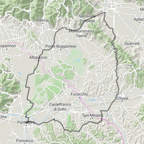 Map miniature of "Scenic Road Cycling Tour from Pontedera to Montecatini Terme" cycling inspiration in Toscana, Italy. Generated by Tarmacs.app cycling route planner