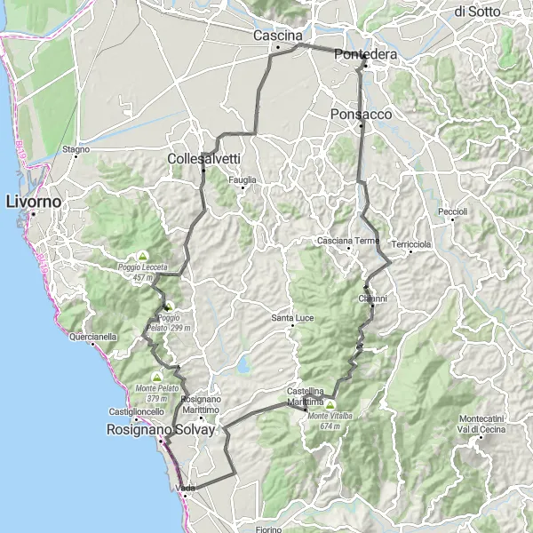 Map miniature of "Road Cycling Challenge from Pontedera to Chianni and beyond" cycling inspiration in Toscana, Italy. Generated by Tarmacs.app cycling route planner