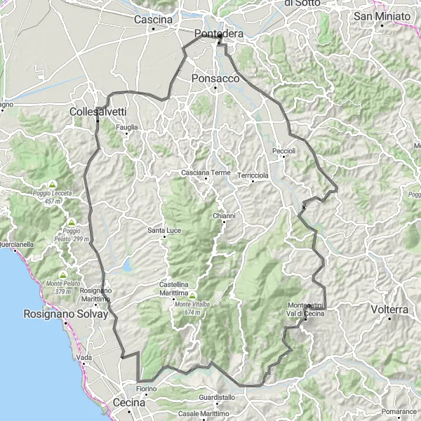 Mapa miniatúra "Road okolo Montecatini Val di Cecina (130 km, stúpanie 992 m)" cyklistická inšpirácia v Toscana, Italy. Vygenerované cyklistickým plánovačom trás Tarmacs.app