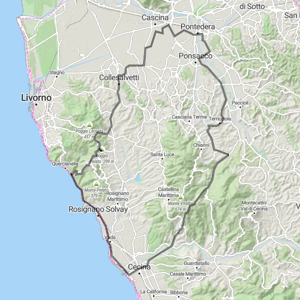 Miniaturní mapa "Okruh kolem Pontedery a okolí" inspirace pro cyklisty v oblasti Toscana, Italy. Vytvořeno pomocí plánovače tras Tarmacs.app