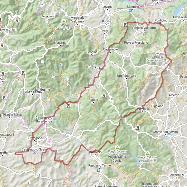 Map miniature of "Ponticino Gravel Challenge" cycling inspiration in Toscana, Italy. Generated by Tarmacs.app cycling route planner