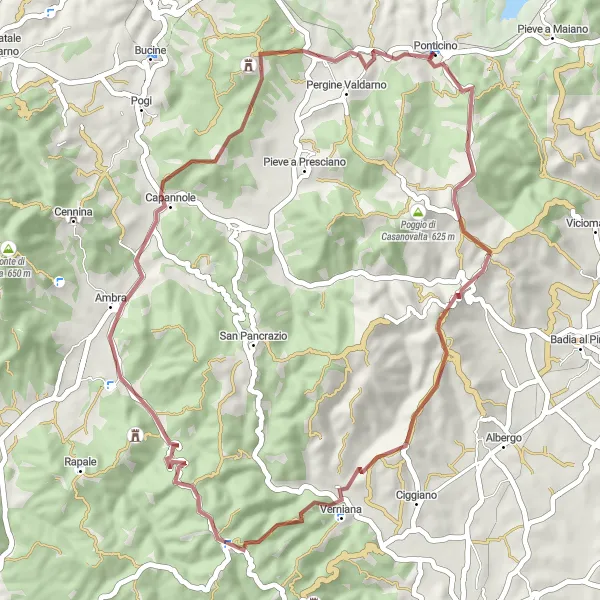 Map miniature of "Scenic Gravel Ride near Ponticino" cycling inspiration in Toscana, Italy. Generated by Tarmacs.app cycling route planner