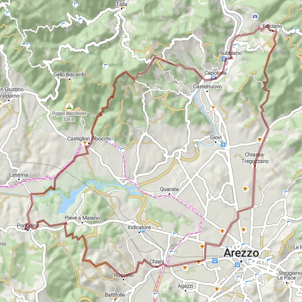 Miniatura della mappa di ispirazione al ciclismo "Giro tra Castiglion Fibocchi e Pieve a Maiano" nella regione di Toscana, Italy. Generata da Tarmacs.app, pianificatore di rotte ciclistiche