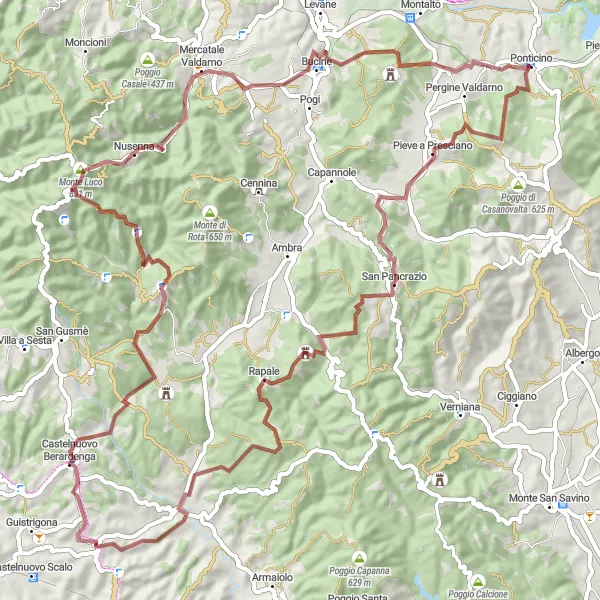 Karttaminiaatyyri "Ponticino - Poggio Greta - San Pancrazio - Monte Longo - Colonna del Grillo - San Vincenti - Molino di Bucine" pyöräilyinspiraatiosta alueella Toscana, Italy. Luotu Tarmacs.app pyöräilyreittisuunnittelijalla