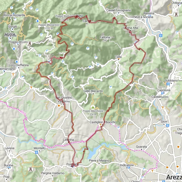 Miniatura della mappa di ispirazione al ciclismo "Giro tra Laterina e Monte Acuto" nella regione di Toscana, Italy. Generata da Tarmacs.app, pianificatore di rotte ciclistiche