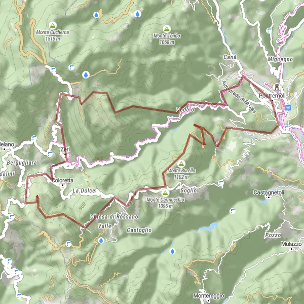 Zemljevid v pomanjšavi "Gravel pustolovščina okoli Pontremoli" kolesarske inspiracije v Toscana, Italy. Generirano z načrtovalcem kolesarskih poti Tarmacs.app
