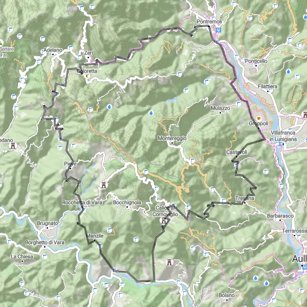 Zemljevid v pomanjšavi "Vrtenje okoli Pontremoli" kolesarske inspiracije v Toscana, Italy. Generirano z načrtovalcem kolesarskih poti Tarmacs.app