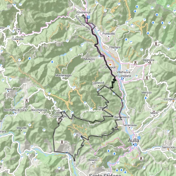 Miniaturní mapa "Road Bike Adventure kolem Pontremoli" inspirace pro cyklisty v oblasti Toscana, Italy. Vytvořeno pomocí plánovače tras Tarmacs.app