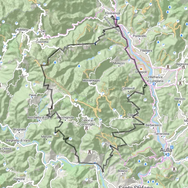 Miniatuurkaart van de fietsinspiratie "Ronde van de Valle del Magra" in Toscana, Italy. Gemaakt door de Tarmacs.app fietsrouteplanner