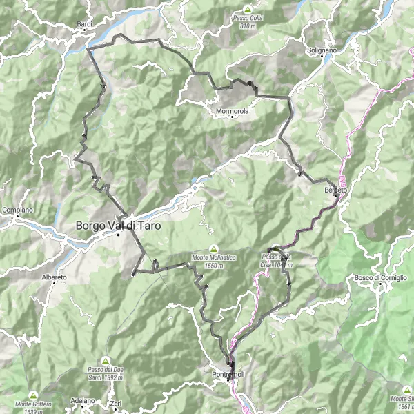 Miniatuurkaart van de fietsinspiratie "Route vanuit Pontremoli naar Passo della Cisa" in Toscana, Italy. Gemaakt door de Tarmacs.app fietsrouteplanner