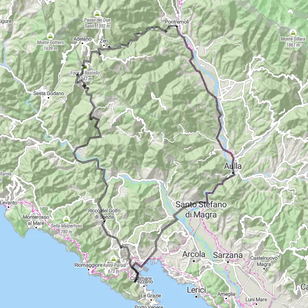 Miniatua del mapa de inspiración ciclista "Ruta de Ciclismo de Carretera desde Pontremoli" en Toscana, Italy. Generado por Tarmacs.app planificador de rutas ciclistas
