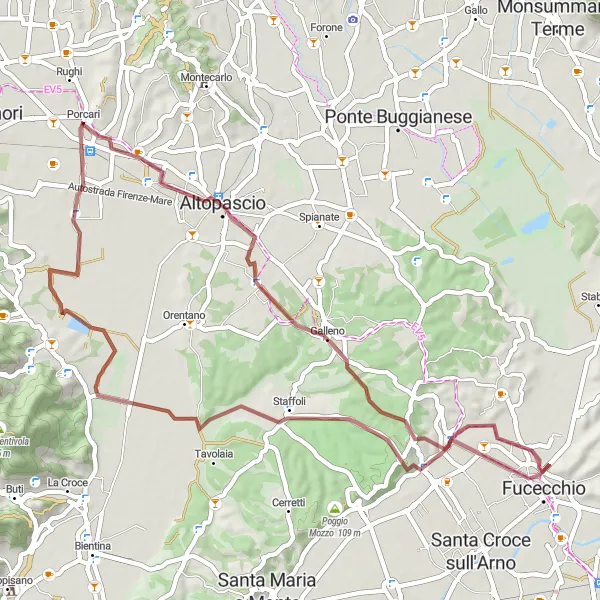 Miniatura della mappa di ispirazione al ciclismo "Avventura in Gravel tra Porcari e Staffoli" nella regione di Toscana, Italy. Generata da Tarmacs.app, pianificatore di rotte ciclistiche