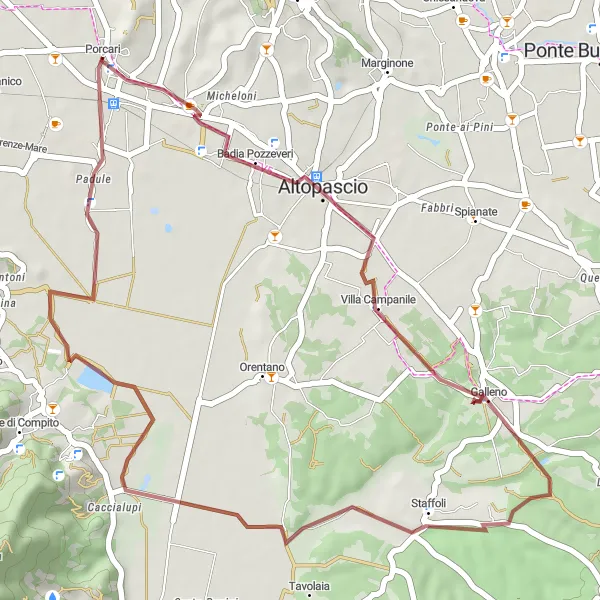 Mapa miniatúra "Gravel Route to Villa Campanile" cyklistická inšpirácia v Toscana, Italy. Vygenerované cyklistickým plánovačom trás Tarmacs.app