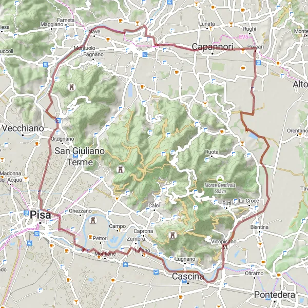 Miniaturní mapa "Trasa Cascine di Buti - Capannori" inspirace pro cyklisty v oblasti Toscana, Italy. Vytvořeno pomocí plánovače tras Tarmacs.app