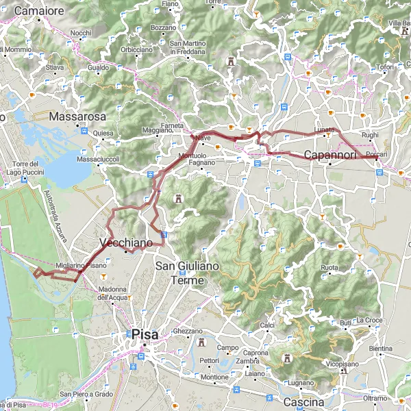 Map miniature of "Porcari - Migliarino Pisano Gravel Route" cycling inspiration in Toscana, Italy. Generated by Tarmacs.app cycling route planner