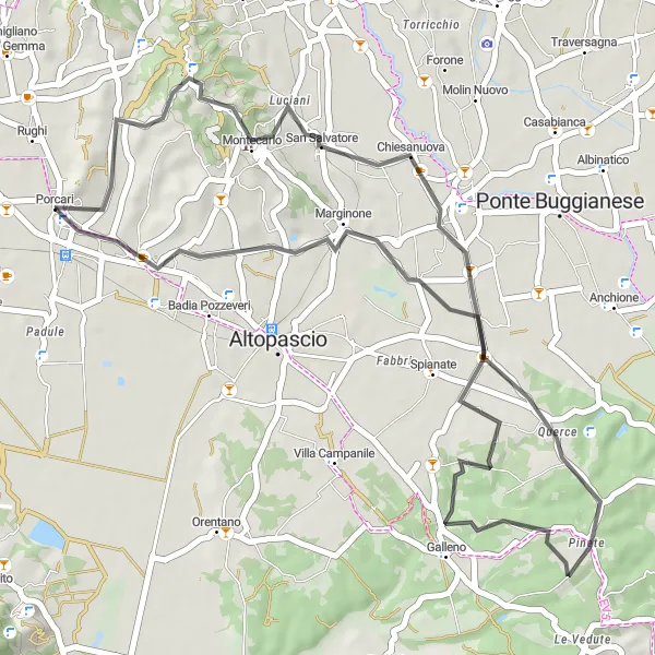 Miniatua del mapa de inspiración ciclista "Ruta escénica de 43km en carretera cerca de Porcari" en Toscana, Italy. Generado por Tarmacs.app planificador de rutas ciclistas