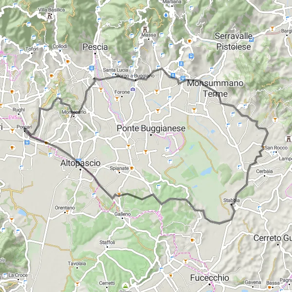 Miniatura della mappa di ispirazione al ciclismo "Giro in bicicletta tra Porcari e Villa Campanile" nella regione di Toscana, Italy. Generata da Tarmacs.app, pianificatore di rotte ciclistiche