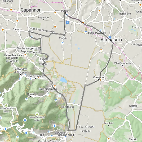 Map miniature of "Picturesque Road Cycling through Orentano, Monte Cucco, Castelvecchio di Compito, Colognora di Compito, and Torretta di Porcari" cycling inspiration in Toscana, Italy. Generated by Tarmacs.app cycling route planner